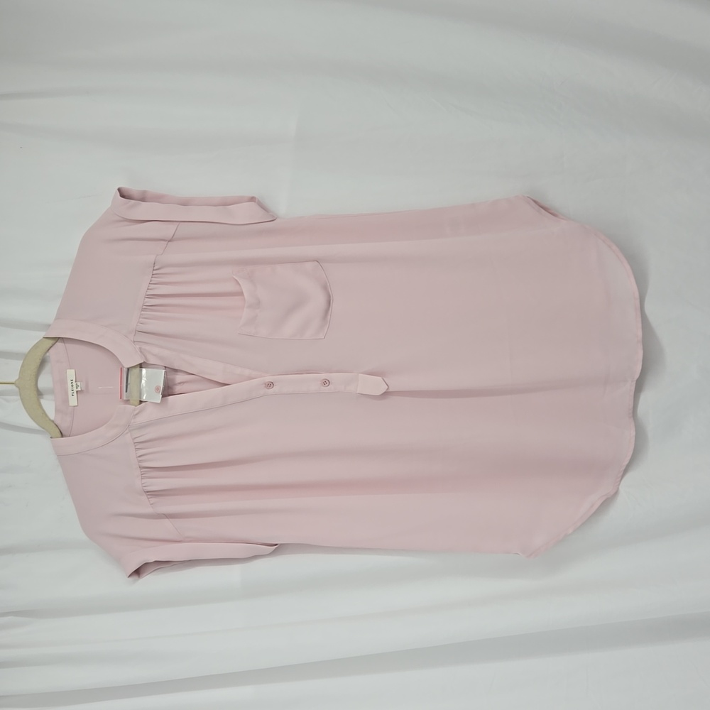 Pleione Blush Pink Split Collar Chest Pocket Longer Length Great Work Blouse M